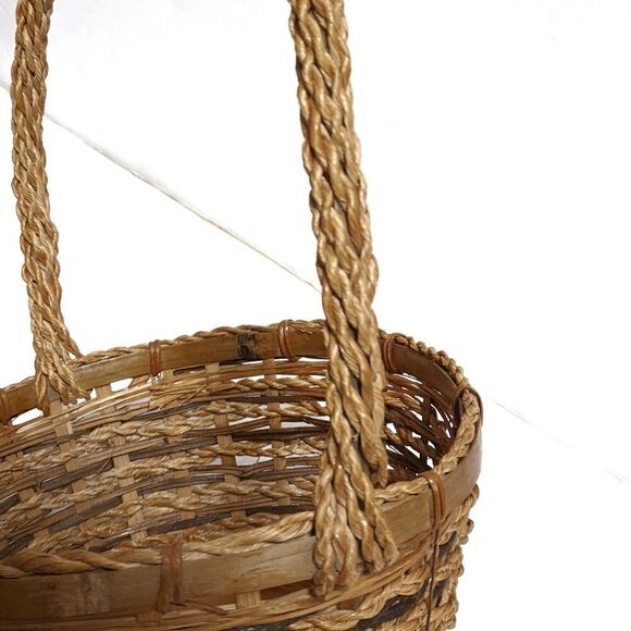 Wicker Braided Tall Handle Basket Two Tone Boho - Picture 4 of 5